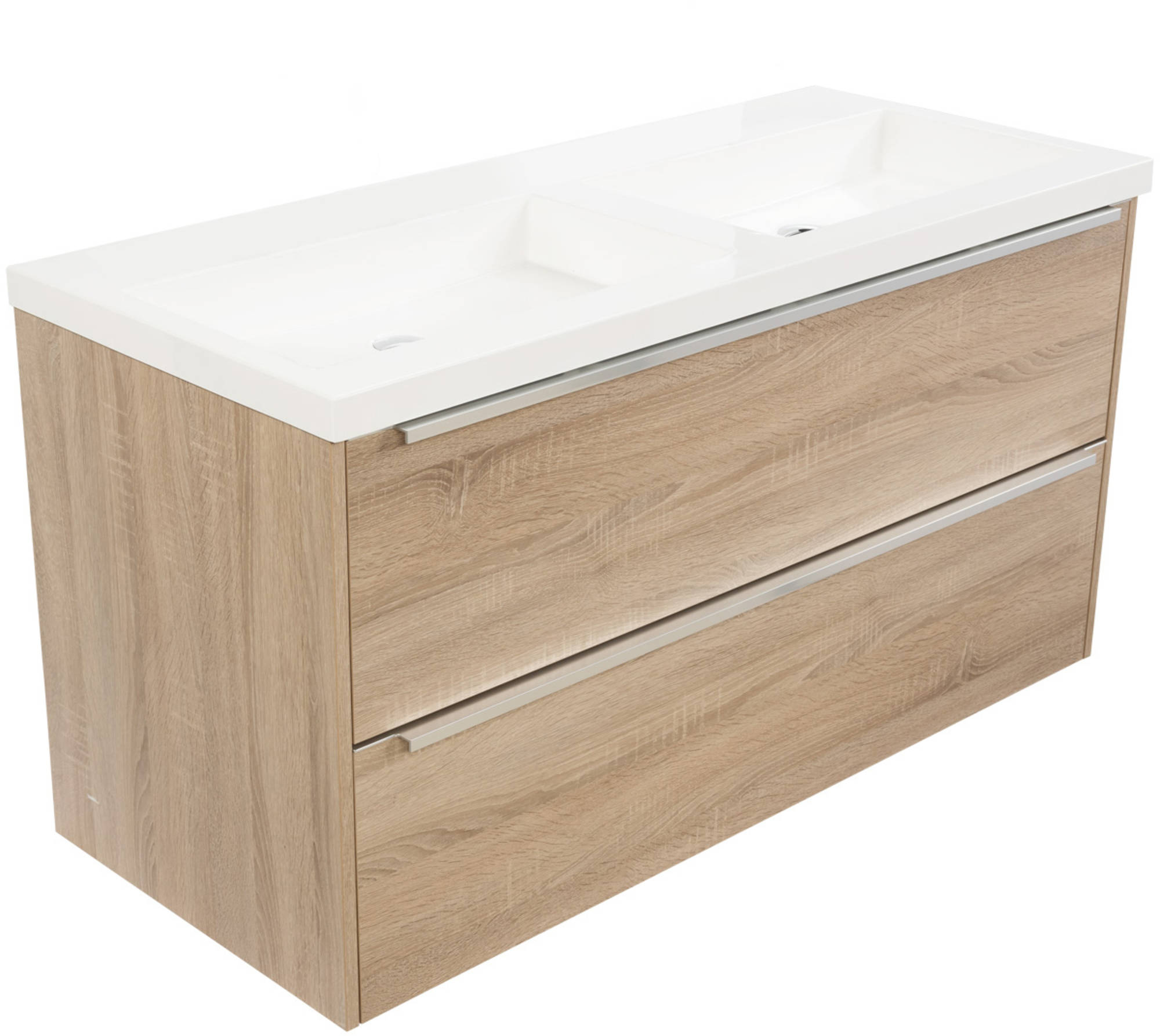 Saniselect Socan meubelset 2 lades met dubbele mineraalmarmere wastafel 120cm Bardolino Eiken Zonder Kraangat Saniselect Socan meubelset 2 lades met dubbele mineraalmarmere wastafel 120cm Bardolino Eiken Zonder Kraangat