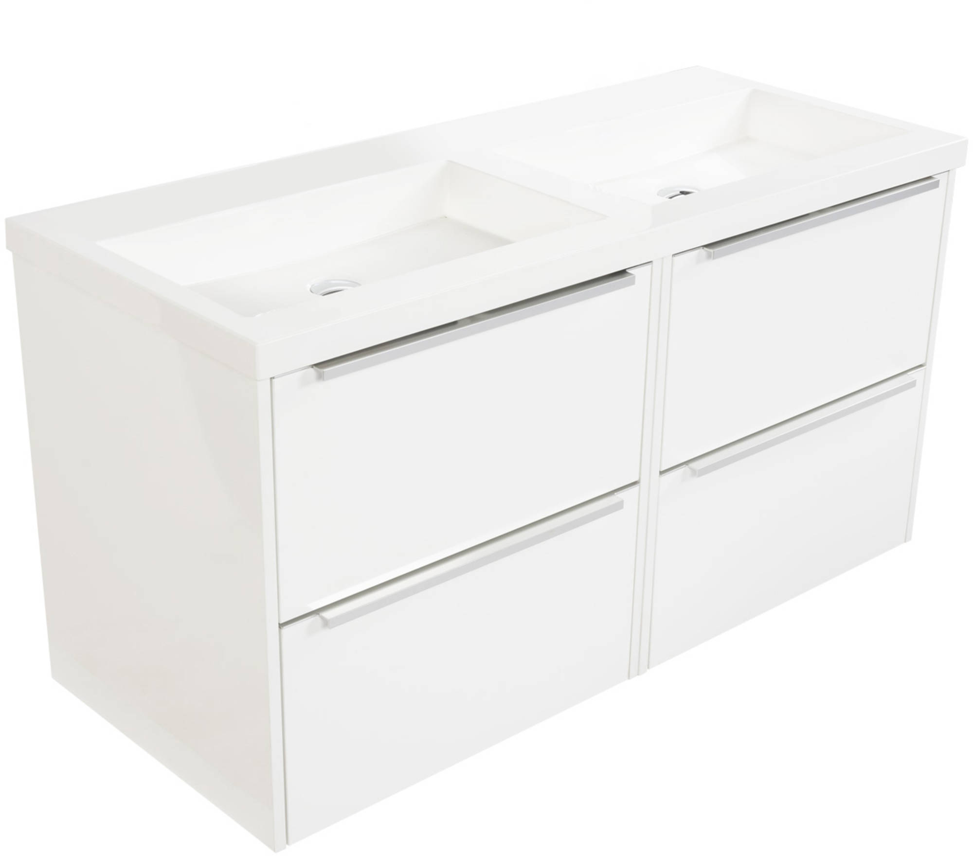 Saniselect Socan meubelset 4 lades met dubbele mineraalmarmere wastafel 120cm Glans Wit Zonder Kraangat Saniselect Socan meubelset 4 lades met dubbele mineraalmarmere wastafel 120cm Glans Wit Zonder Kraangat